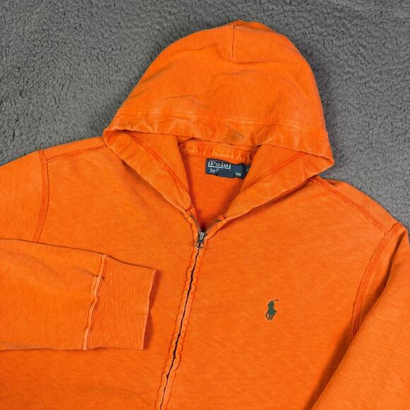 Polo Ralph Lauren Hoodie Mens L Orange Full Zip Vintage Y2K Distressed Fade Boxy - Picture 1 of 9